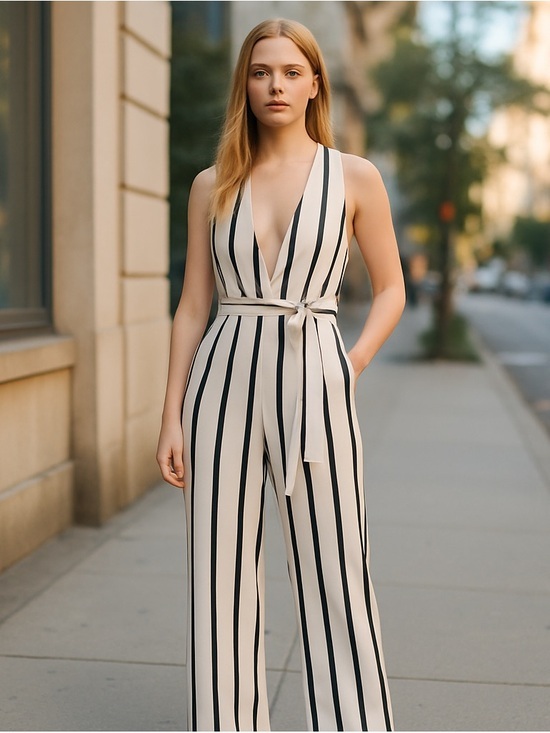 Pants - Black and white striped jumpsuit with a deep plunge